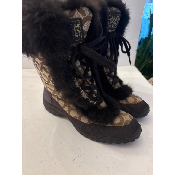 Coach Jennie Signature Jacquard Rabbit Fur Trimmed Winter Boots Size 8 Read note - Picture 1 of 9